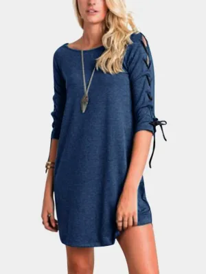 Wholesale Blue Round Neck Half Sleeve Lace-Up Curved Hem Casual Dresses