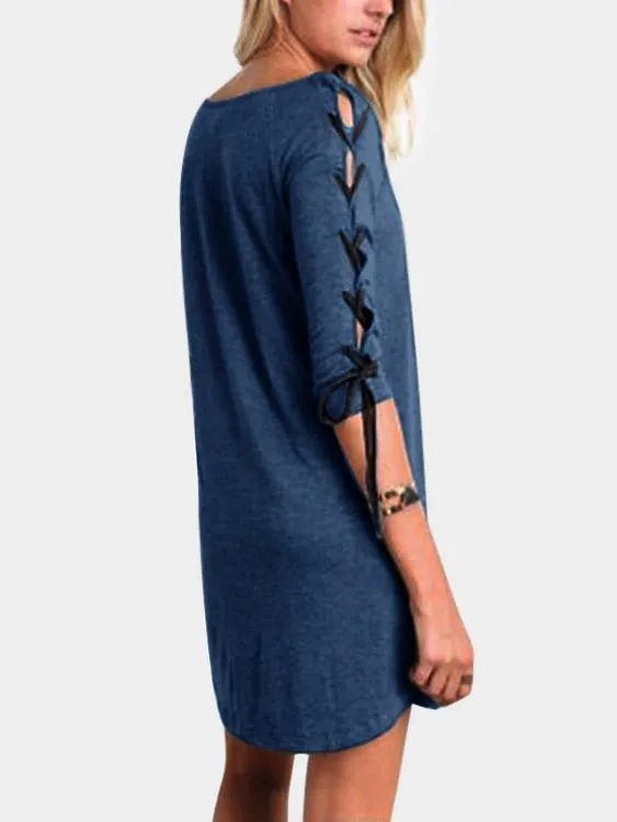 Wholesale Blue Round Neck Half Sleeve Lace-Up Curved Hem Casual Dresses