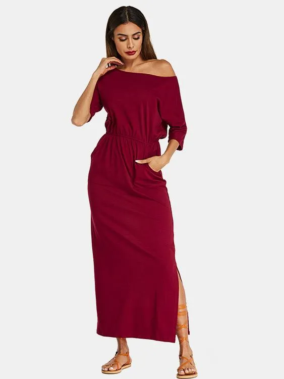 Wholesale Burgundy One Shoulder Half Sleeve Side Pockets Slit Hem Casual Dress