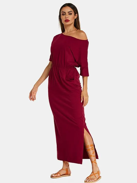 Wholesale Burgundy One Shoulder Half Sleeve Side Pockets Slit Hem Casual Dress