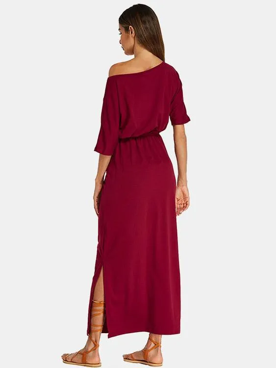 Wholesale Burgundy One Shoulder Half Sleeve Side Pockets Slit Hem Casual Dress