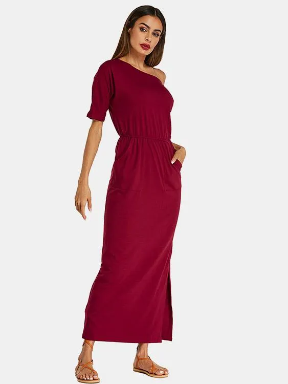 Wholesale Burgundy One Shoulder Half Sleeve Side Pockets Slit Hem Casual Dress