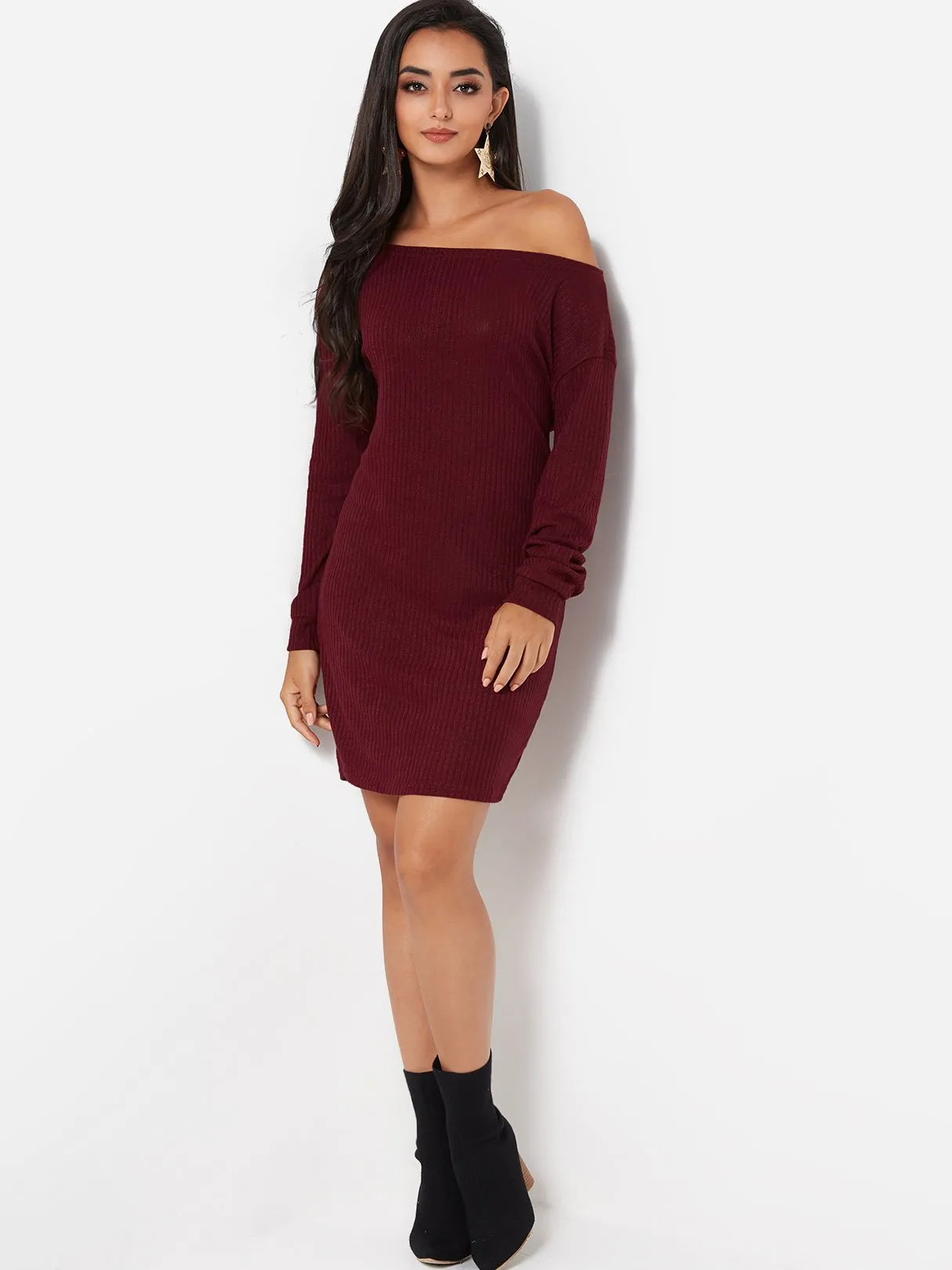 Wholesale Burgundy One Shoulder Long Sleeve Bodycon Casual Dress