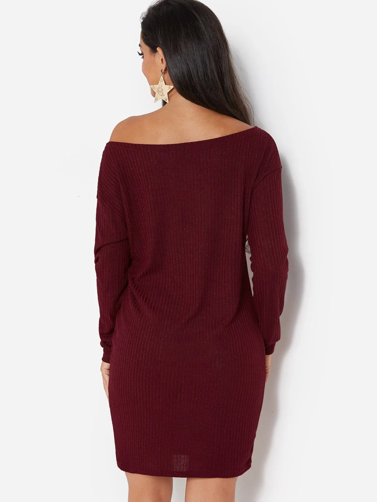 Wholesale Burgundy One Shoulder Long Sleeve Bodycon Casual Dress