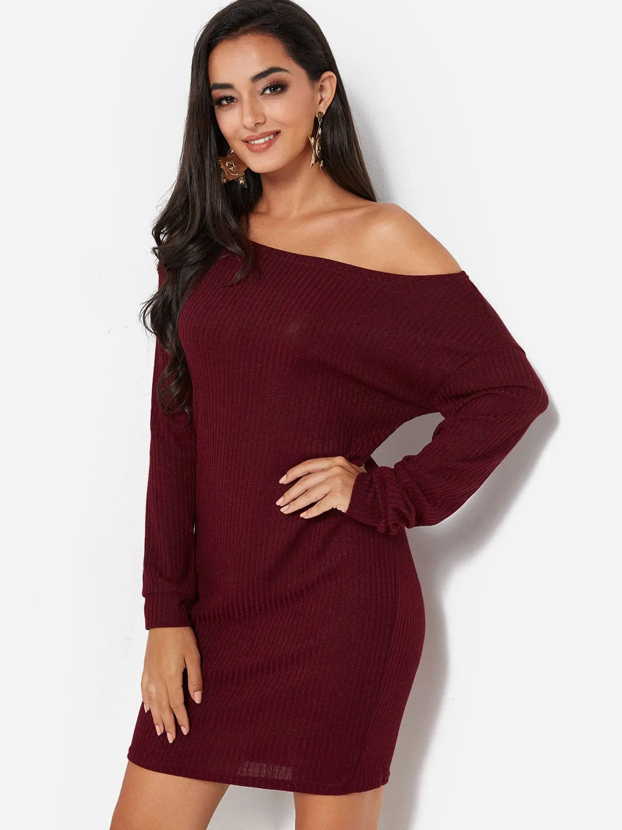 Wholesale Burgundy One Shoulder Long Sleeve Bodycon Casual Dress