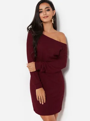 Wholesale Burgundy One Shoulder Long Sleeve Bodycon Casual Dress