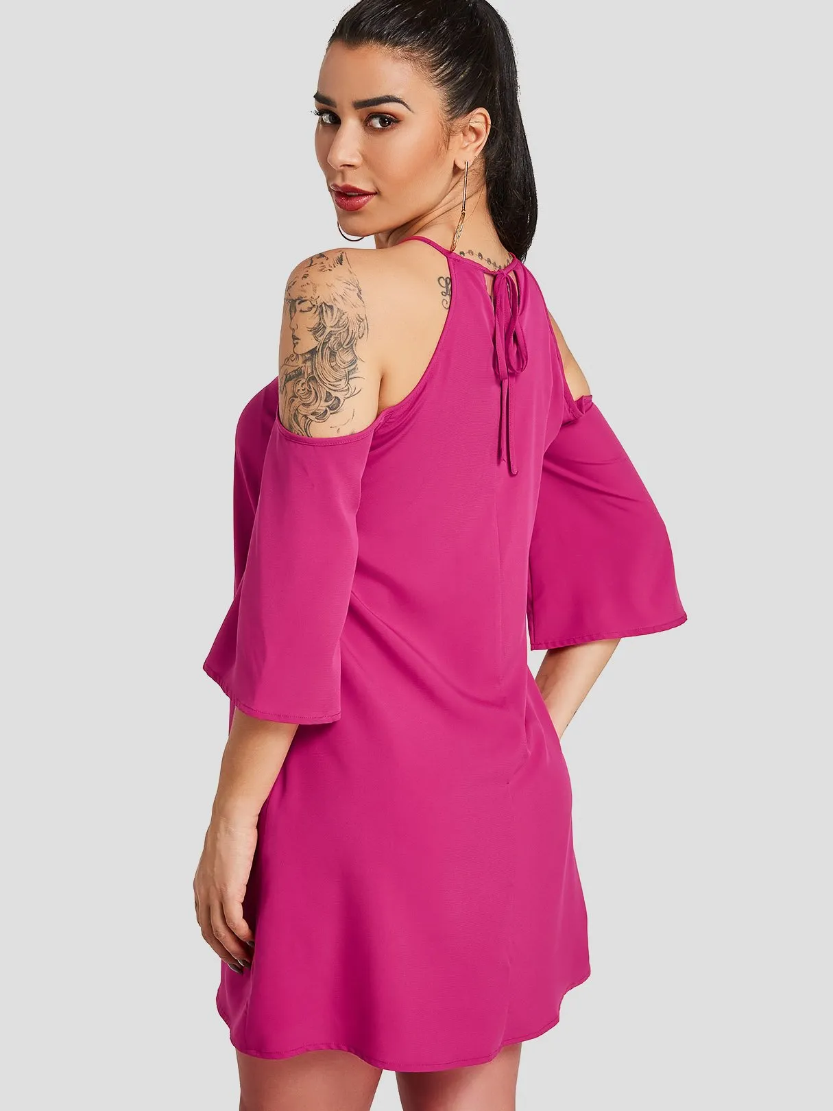 Wholesale Fuchsia Cold Shoulder 3/4 Length Sleeve Plain Cut Out Casual Dress