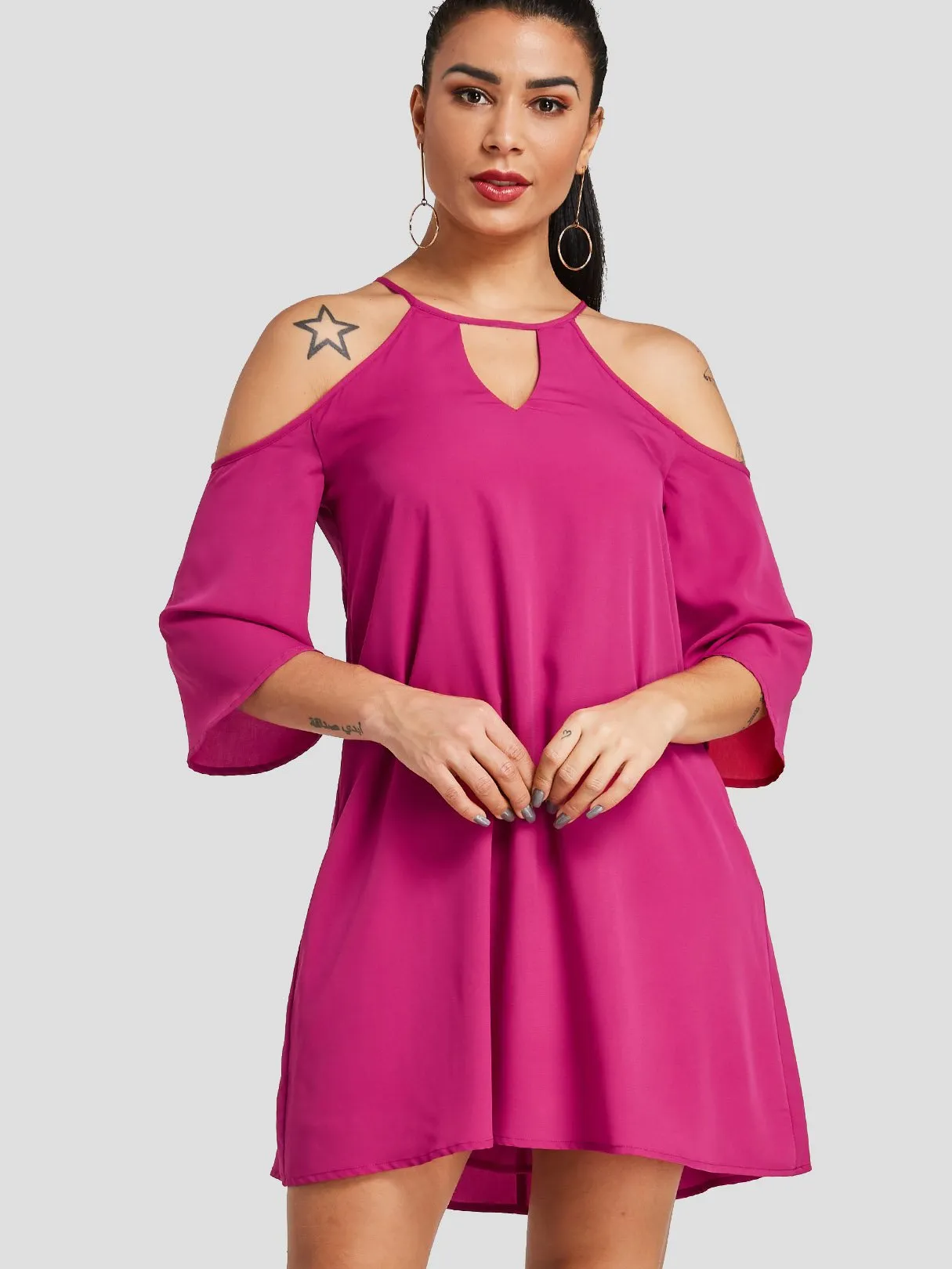 Wholesale Fuchsia Cold Shoulder 3/4 Length Sleeve Plain Cut Out Casual Dress