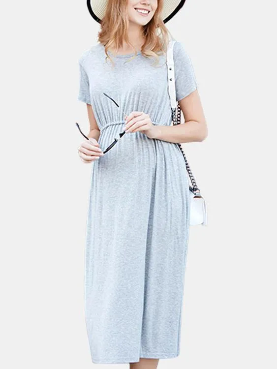 Wholesale Grey Round Neck Short Sleeve Pleated Casual Dresses