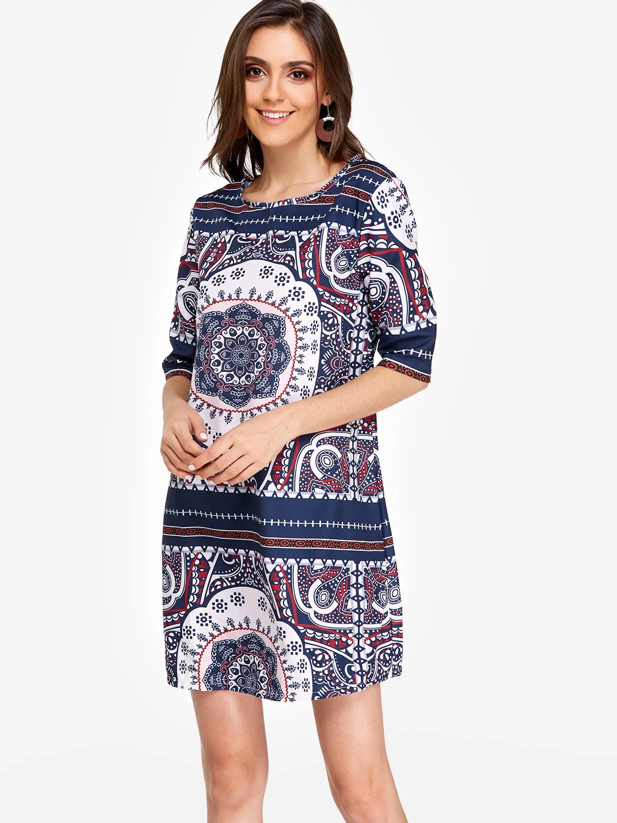 Wholesale Navy Round Neck Half Sleeve Printed Casual Dresses