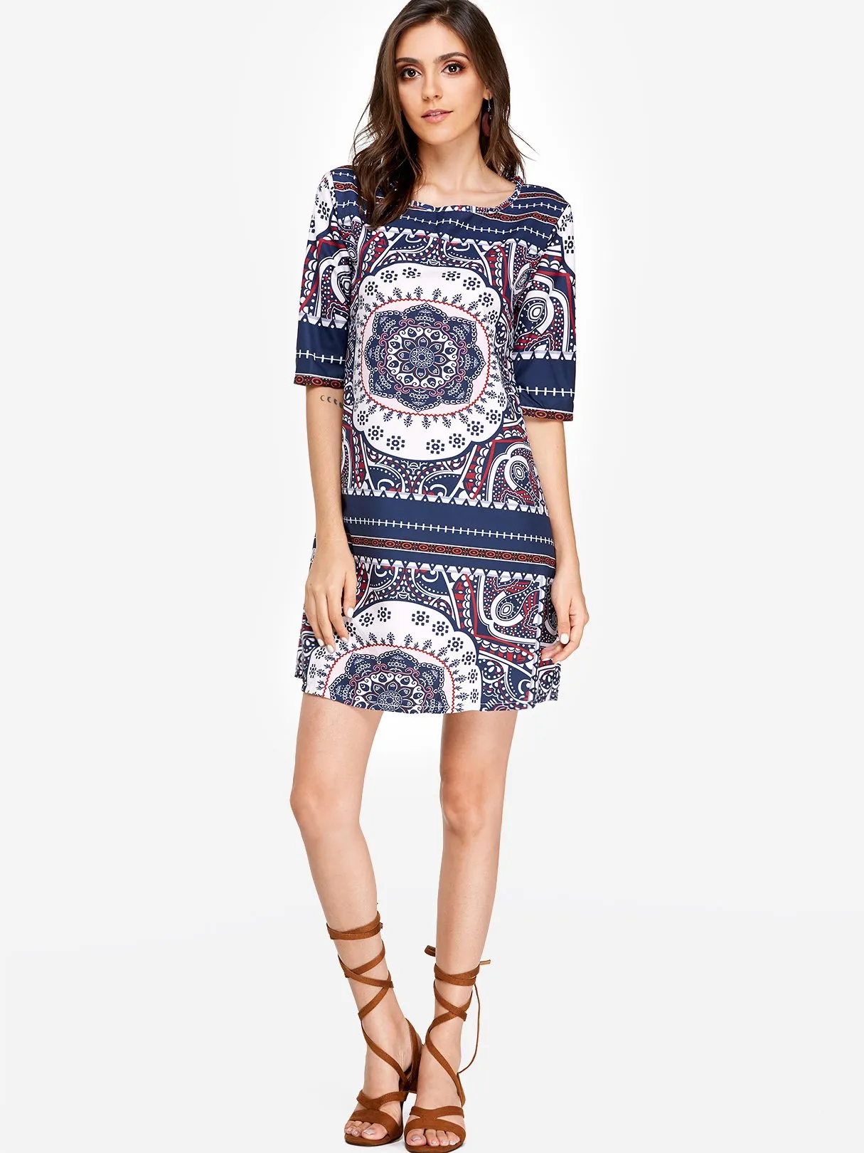 Wholesale Navy Round Neck Half Sleeve Printed Casual Dresses