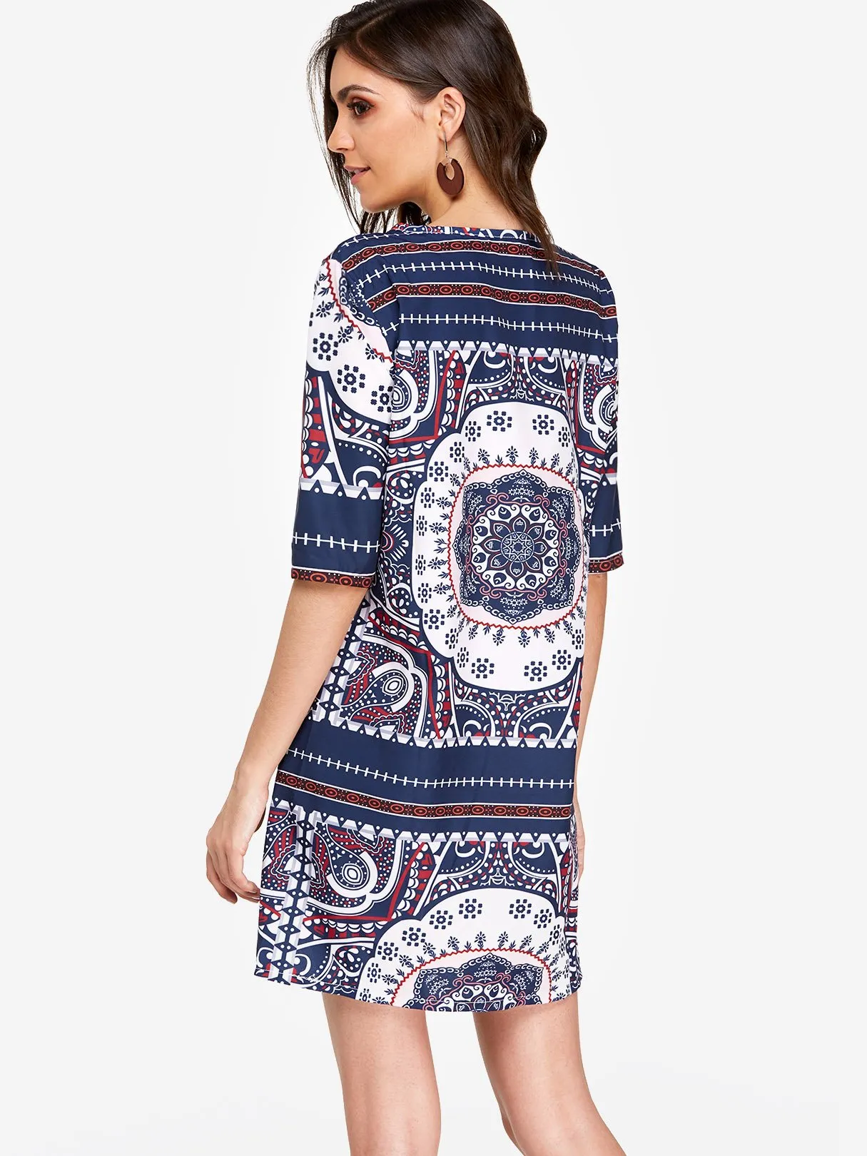 Wholesale Navy Round Neck Half Sleeve Printed Casual Dresses