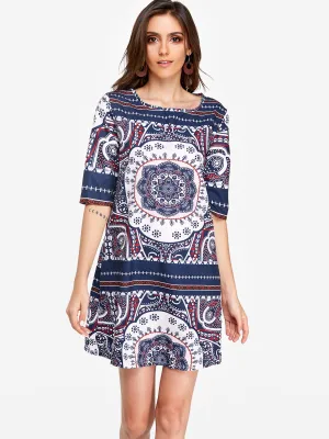 Wholesale Navy Round Neck Half Sleeve Printed Casual Dresses