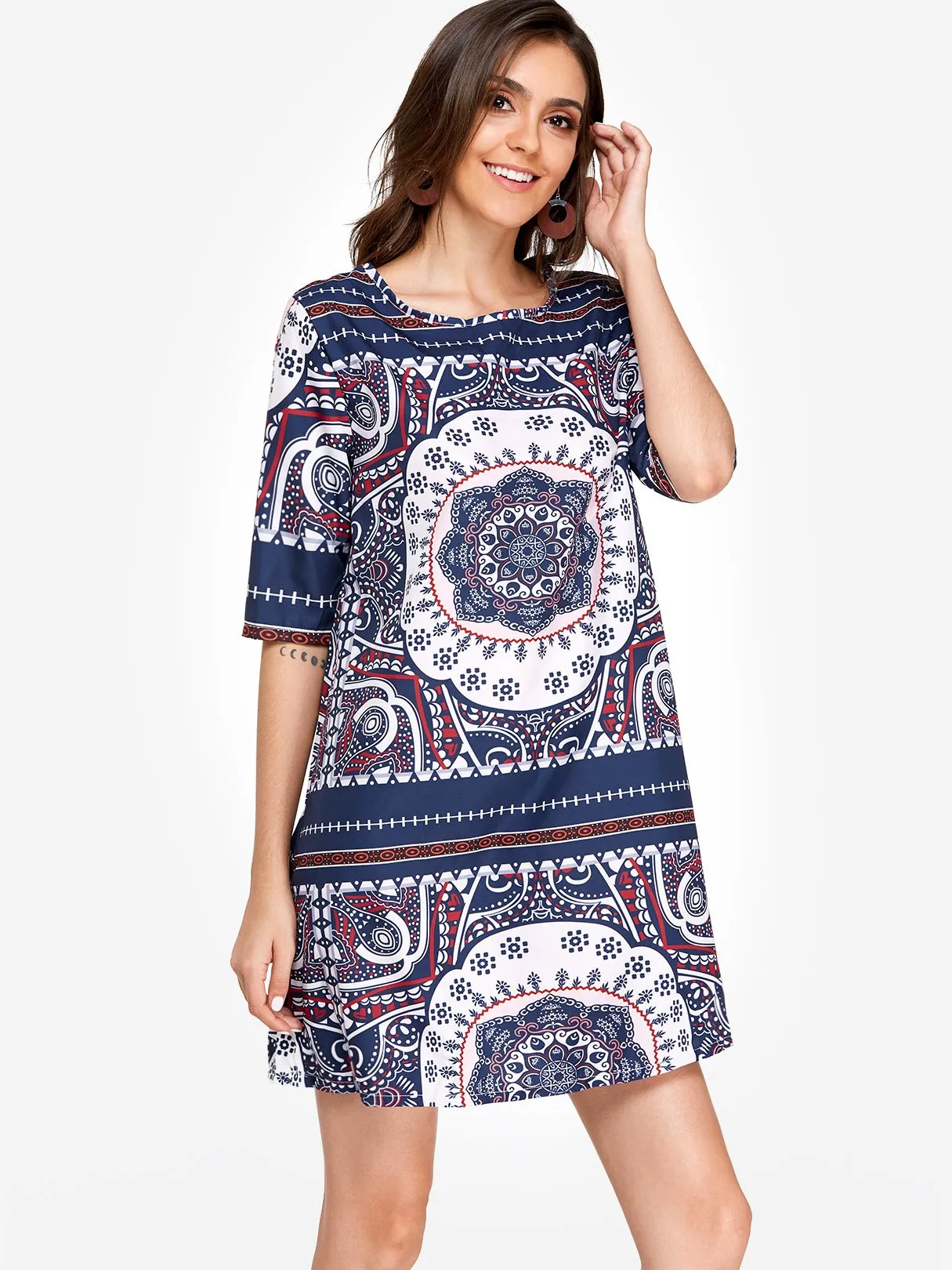 Wholesale Navy Round Neck Half Sleeve Printed Casual Dresses