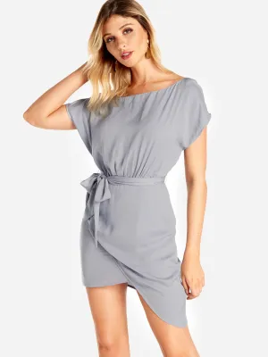 Wholesale One Shoulder Plain Self-Tie Short Sleeve Slit Hem Grey Casual Dresses