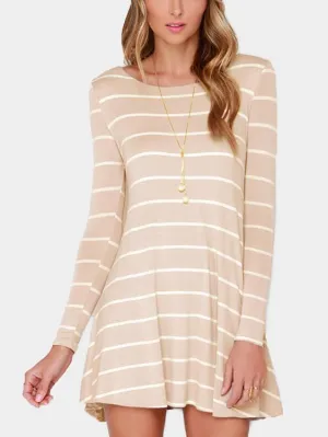 Wholesale Pink Round Neck Long Sleeve Stripe Backless Casual Dress