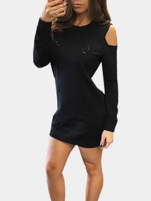 Wholesale Round Neck Cold Shoulder Long Sleeve Black Casual Dresses