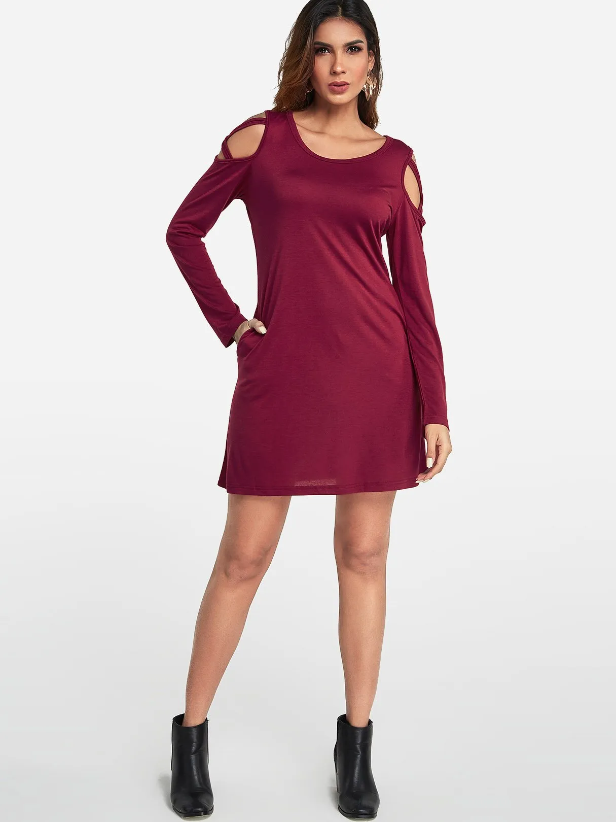 Wholesale Round Neck Cold Shoulder Plain Side Pockets Lace-Up Long Sleeve Burgundy Casual Dresses