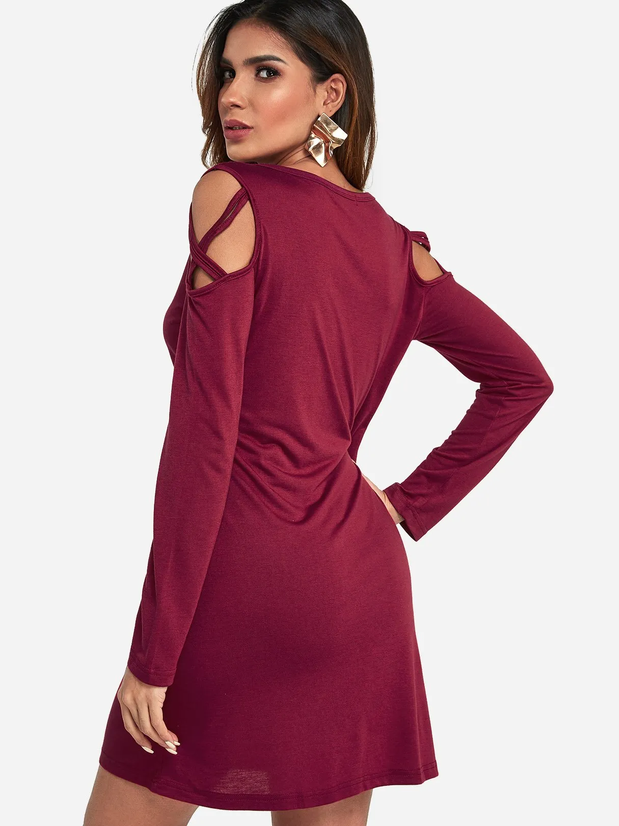 Wholesale Round Neck Cold Shoulder Plain Side Pockets Lace-Up Long Sleeve Burgundy Casual Dresses