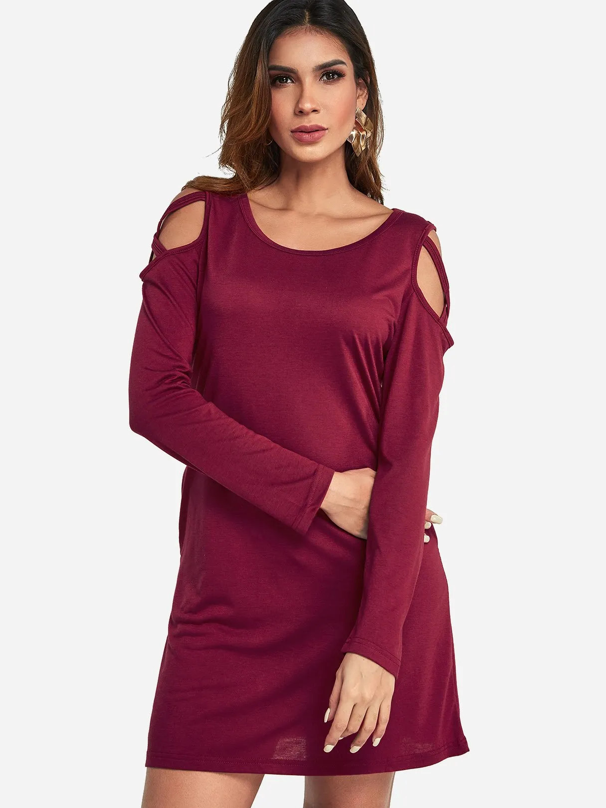 Wholesale Round Neck Cold Shoulder Plain Side Pockets Lace-Up Long Sleeve Burgundy Casual Dresses