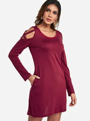 Wholesale Round Neck Cold Shoulder Plain Side Pockets Lace-Up Long Sleeve Burgundy Casual Dresses