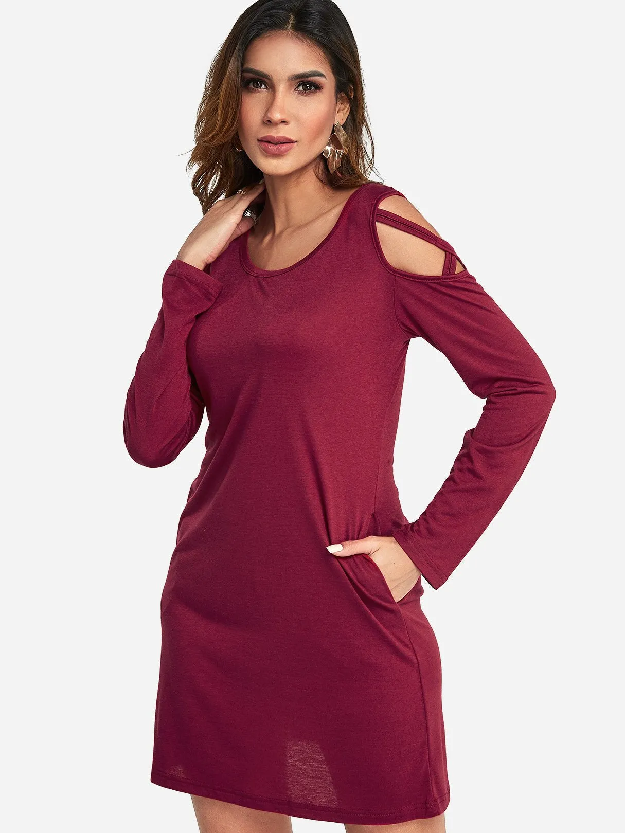 Wholesale Round Neck Cold Shoulder Plain Side Pockets Lace-Up Long Sleeve Burgundy Casual Dresses