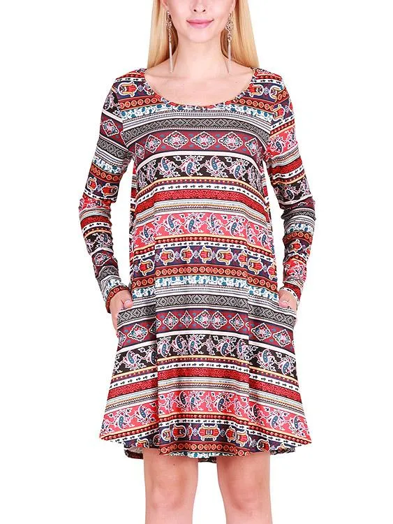 Wholesale Round Neck Long Sleeve Geometrical Casual Dress