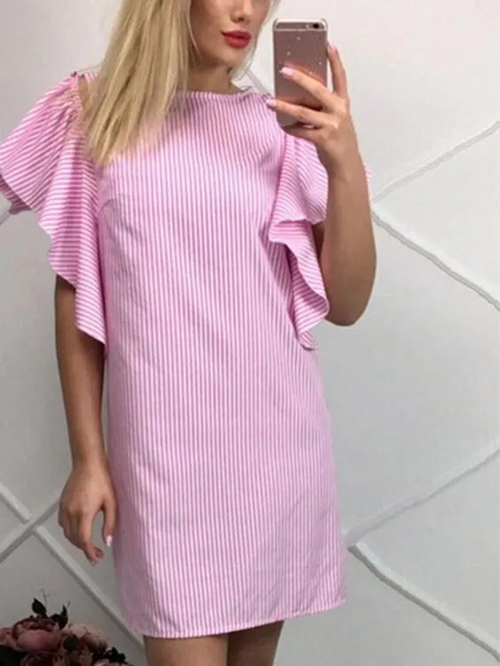 Wholesale Round Neck Short Sleeve Stripe Zip Back Casual Dresses