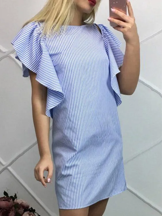 Wholesale Round Neck Short Sleeve Stripe Zip Back Casual Dresses