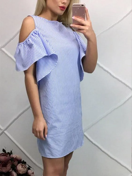 Wholesale Round Neck Short Sleeve Stripe Zip Back Casual Dresses