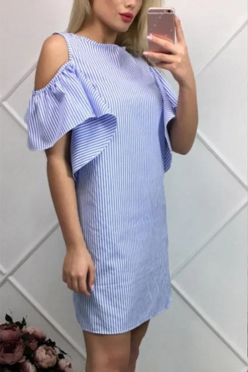 Wholesale Round Neck Short Sleeve Stripe Zip Back Casual Dresses