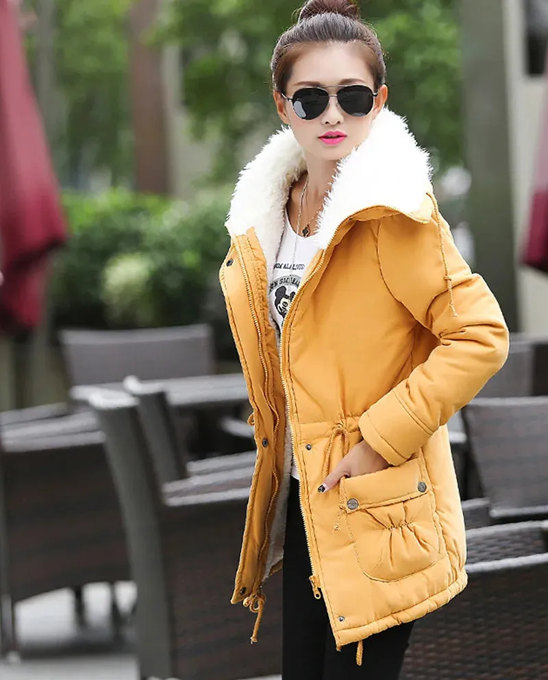 Women Winter Jacket Thick Hooded Long Down Coat with Slimming Waist Fur Collar Windproof