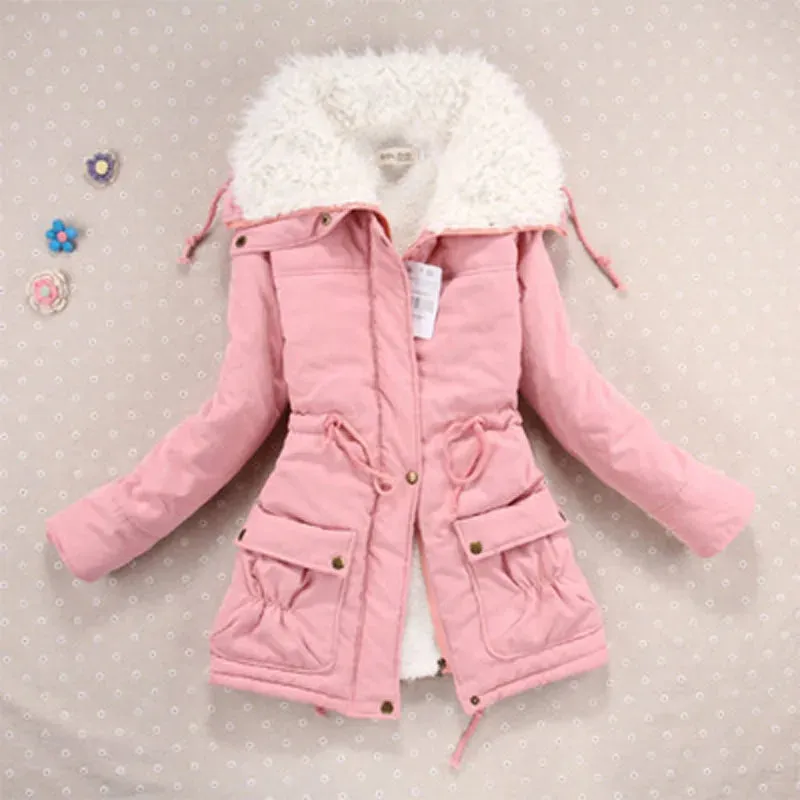 Women Winter Jacket Thick Hooded Long Down Coat with Slimming Waist Fur Collar Windproof