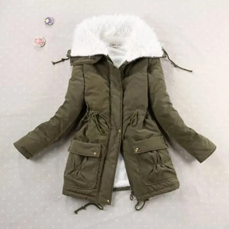 Women Winter Jacket Thick Hooded Long Down Coat with Slimming Waist Fur Collar Windproof