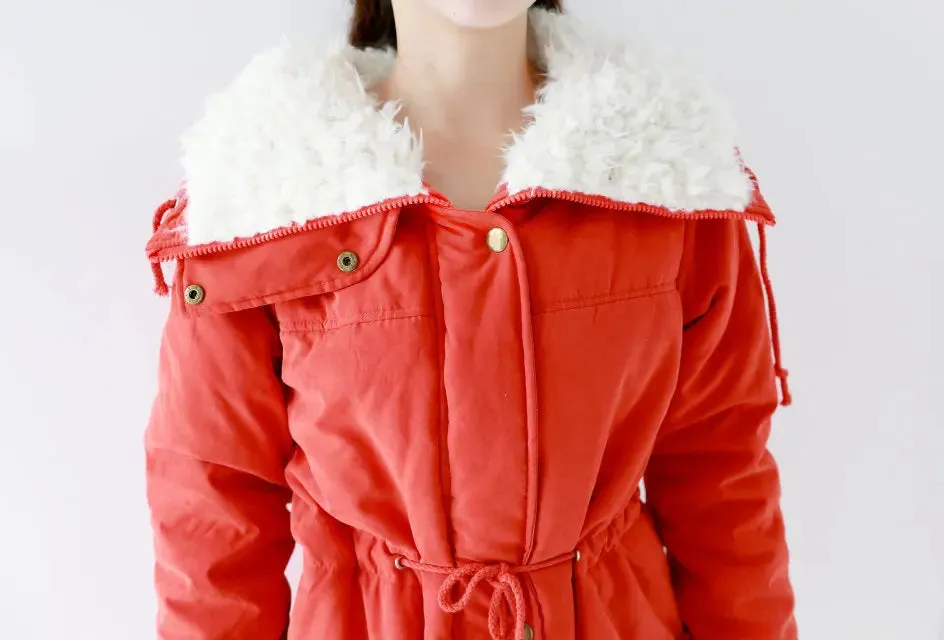 Women Winter Jacket Thick Hooded Long Down Coat with Slimming Waist Fur Collar Windproof