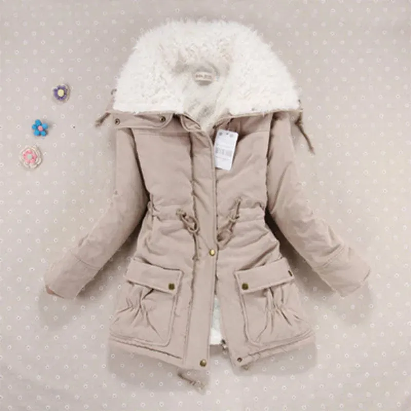 Women Winter Jacket Thick Hooded Long Down Coat with Slimming Waist Fur Collar Windproof