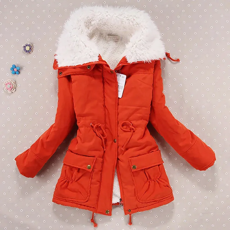 Women Winter Jacket Thick Hooded Long Down Coat with Slimming Waist Fur Collar Windproof