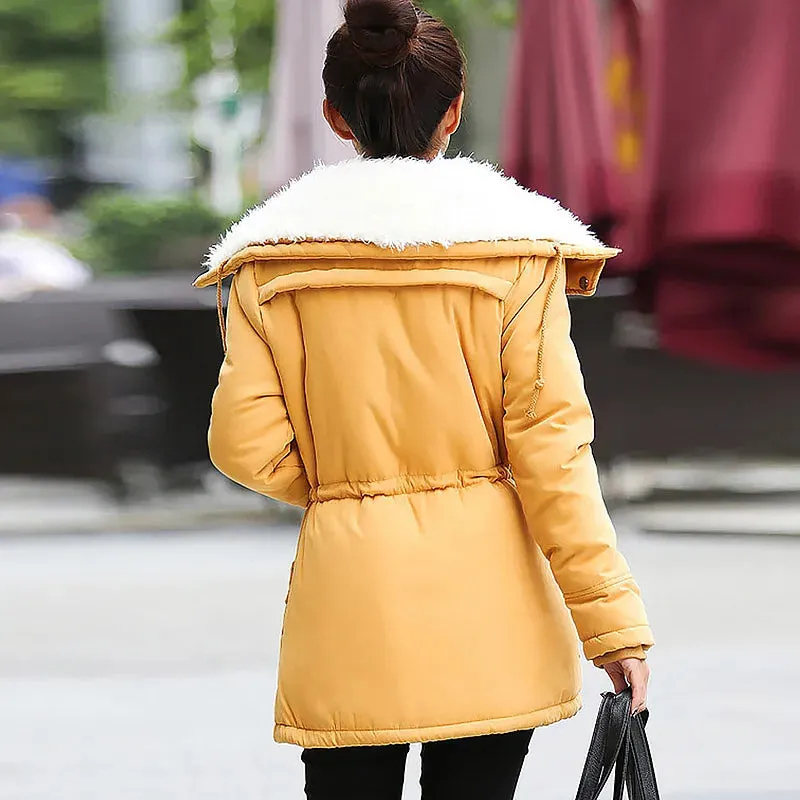 Women Winter Jacket Thick Hooded Long Down Coat with Slimming Waist Fur Collar Windproof