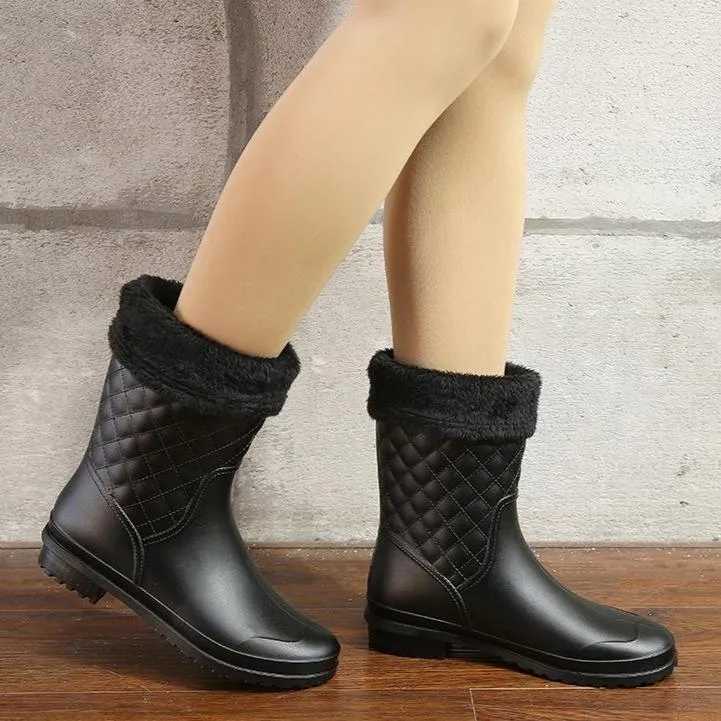 Women's quilted mid calf rain boots flat fashion rain boots